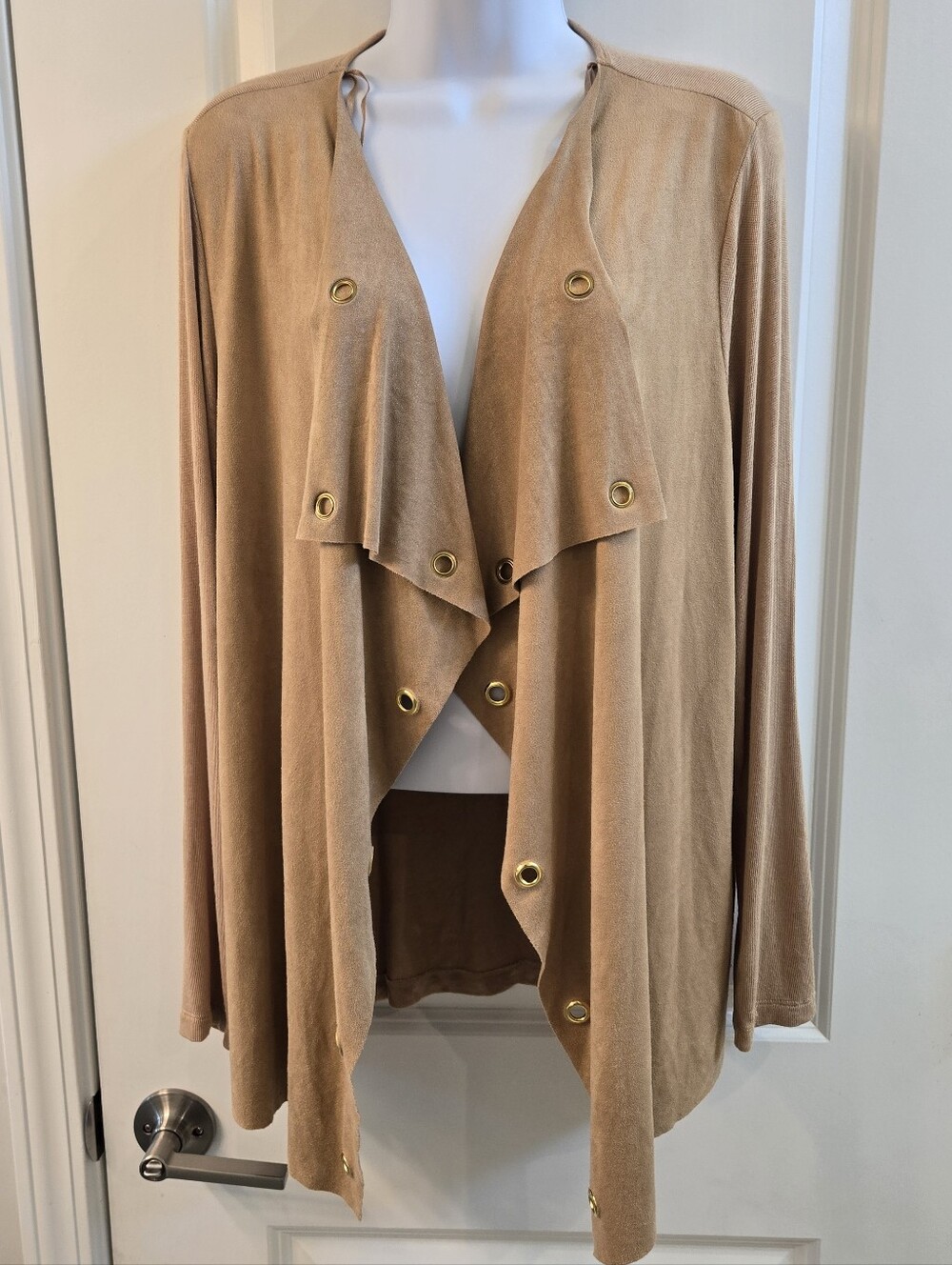 Open-Front Faux Suede Draped Cardigan with Gold Eyelet Detail - Camel|Medium